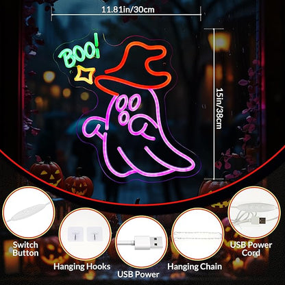 Halloween Ghost Neon Sign for Wall Window Decor, BOO Neon Signs for Halloween Party Decorations, USB Powered Little Ghost LED Lamp for Bedroom Club Bar
