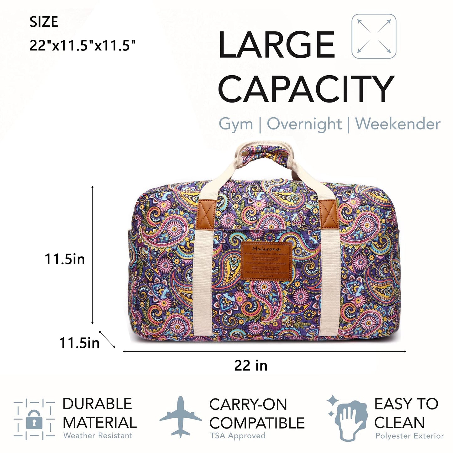Malirona 22"Canvas Weekender Overnight Bags Travel Duffel Bag Carry On Bag for Women and Girls (Purple Flower)