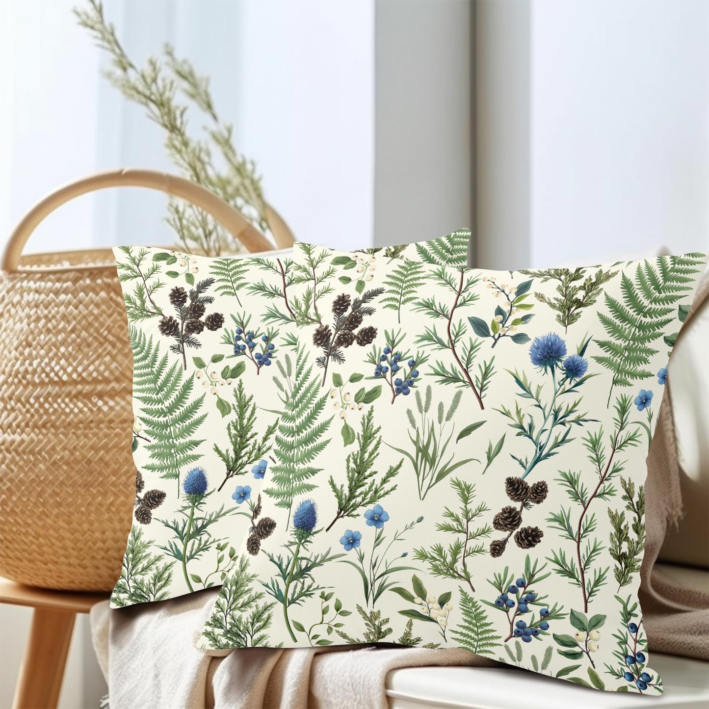 Barneova Spring Summer Pillow Covers 22x22 Inch Set of 2 Green Floral Botanical Decorative Outdoor Throw Pillows Farmhouse Flower Pillowcases Cotton Linen Cushion Covers for Couch Sofa Bed Home Decor