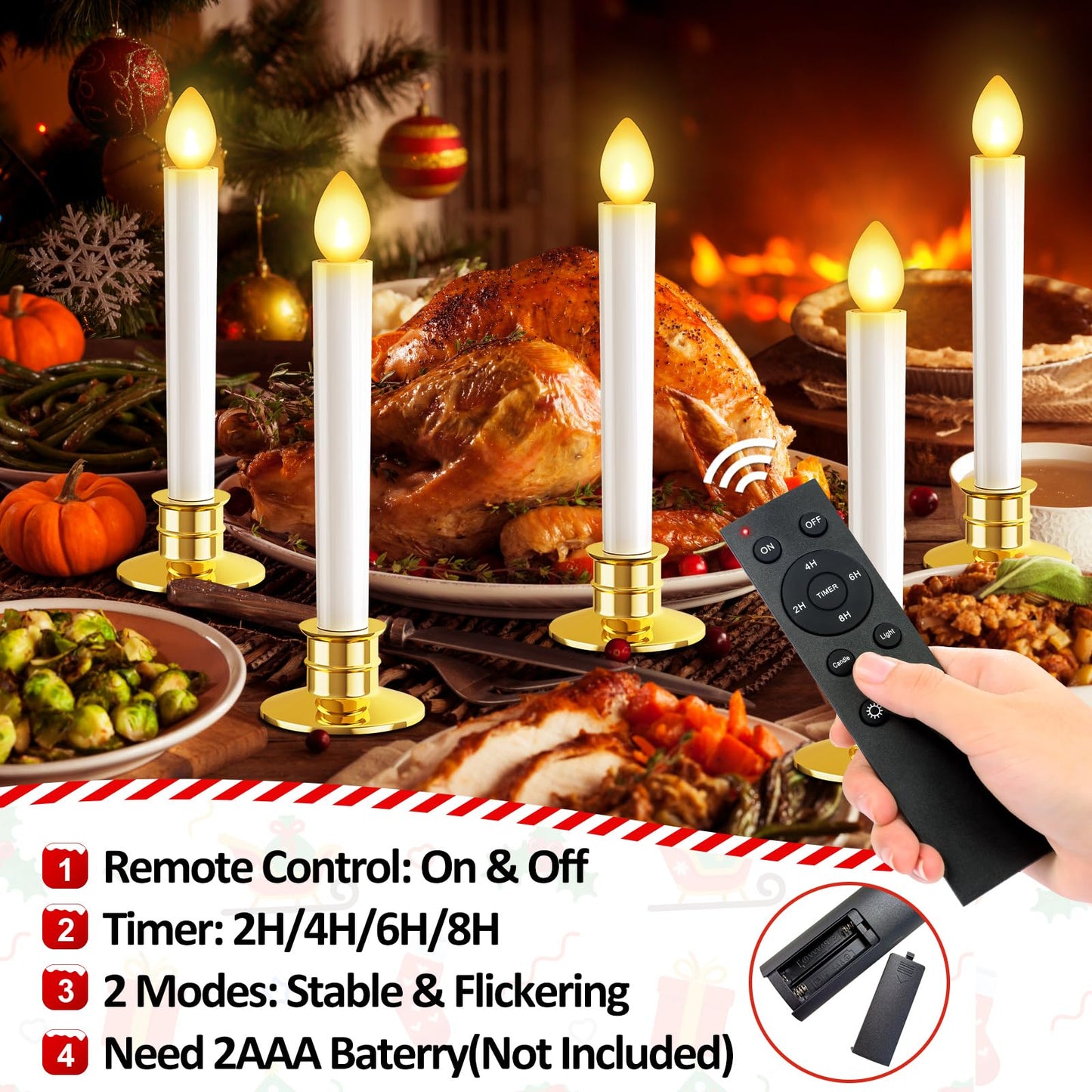 10 Pack Christmas Window Candles Lights Flameless Candle Battery Operated Candles with Remote Control Timer Gold Holders LED Candle for Party Table Top Xmas Thanksgiving Christmas Window Decorations