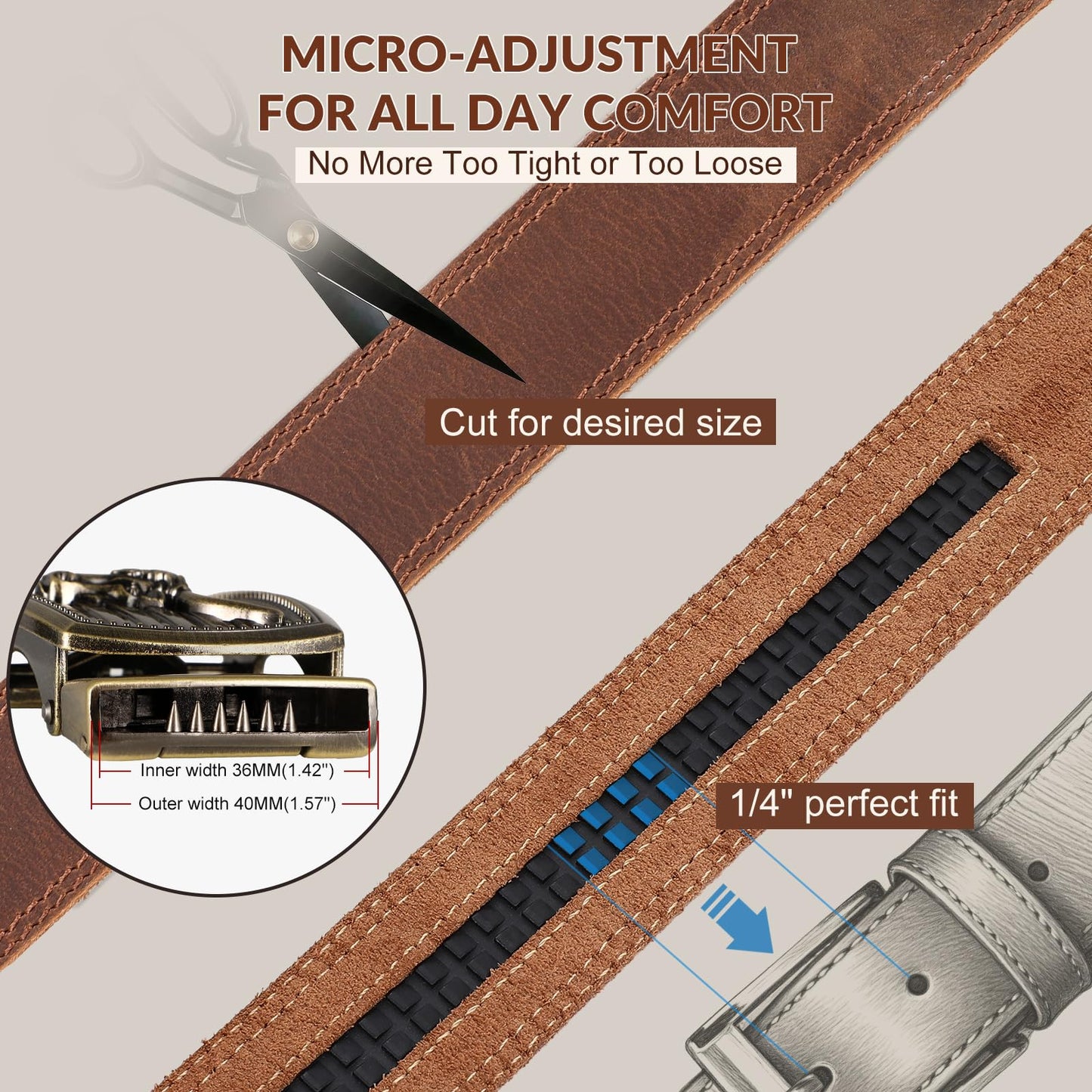 OZNDAS Ratchet Belt Strap, Full Grain Leather Belt Straps for Men without Buckle 1 3/8"- Replacement Strap Only