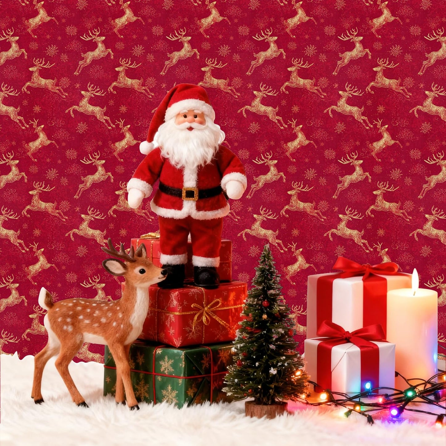 Timeet Peel and Stick Christmas Wallpaper Gold Reindeer Contact Paper Snowflake Holiday Wall Paper Decor on Red Background Removable Self-Adhesive Wallpaper Vinyl Christmas Decor 17" x 196.8"