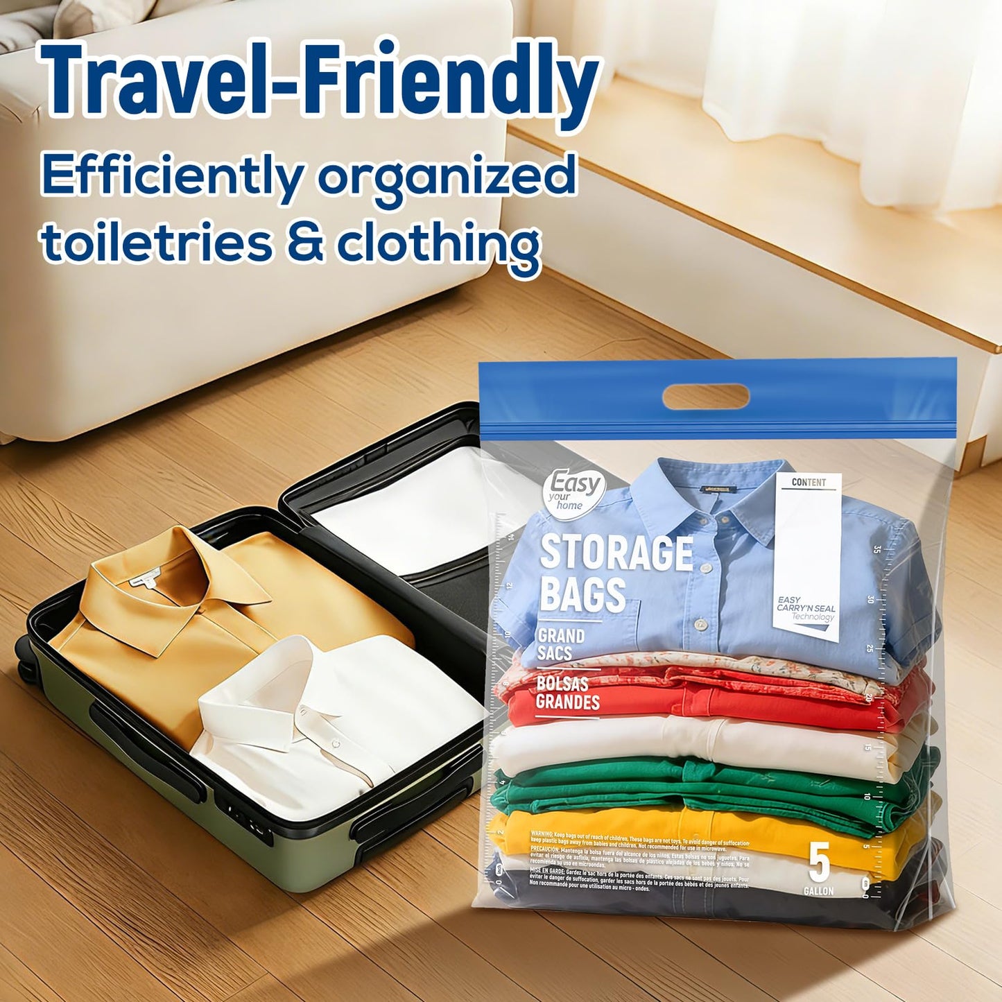 EASYYOURHOME 5PCS 5 Gallon Zipper Lock Plastic Bags with Handle and bottom,18"x23"+7",Extra Large Size Reusable Storage Bag with Double Zip for Clothing,Travel,Moving,Beach,BPA-Free,3-Mil Thick