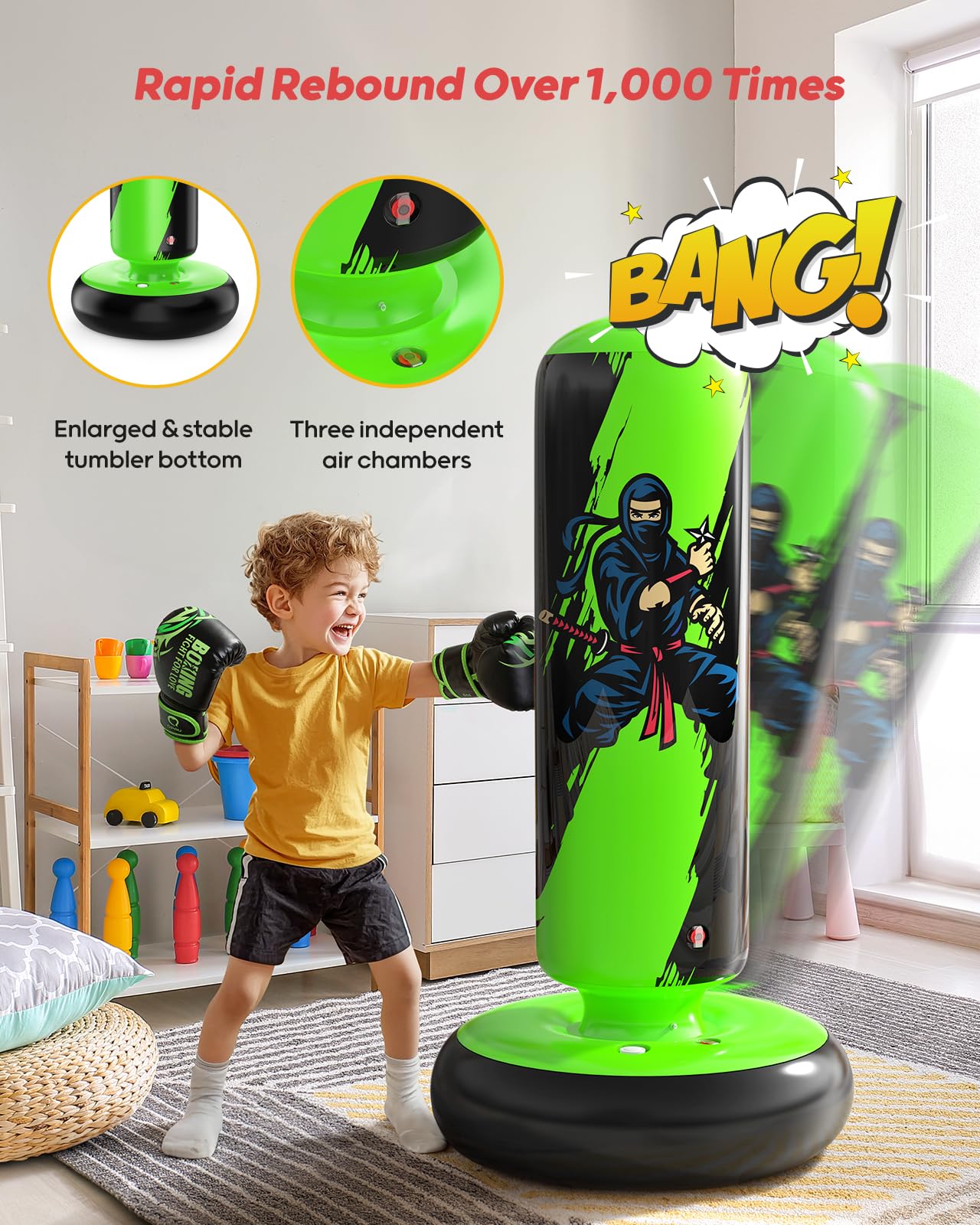 QPAU Punching Bag for Kids, 66 Inch Stable Inflatable Boxing Bag with Boxing Gloves, Stand Kids Punching Bag Toy for Boys & Girls Age 6-12, Boxing Set for Practicing Karate, Taekwondo, MMA
