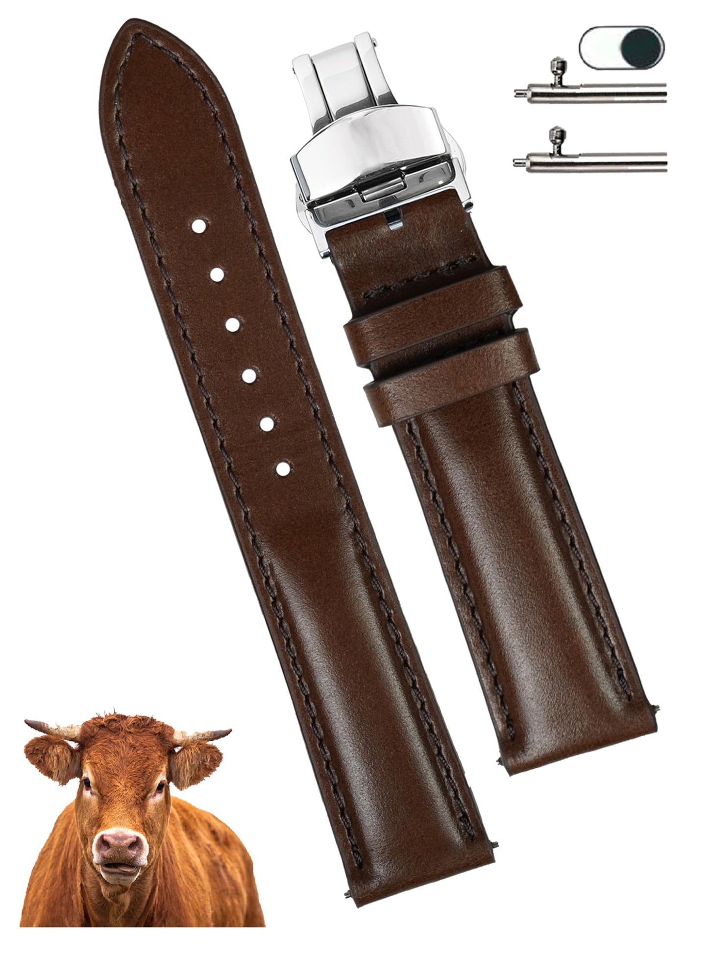 20mm Dark Brown Leather Watch Band Deployment Clasp Quick Release Handmade Leather Strap Butterfly Buckle Replacement Wristband for Men, Christmas Fathers Day Gift for Dad Son Husband DH-203D-S-20MM