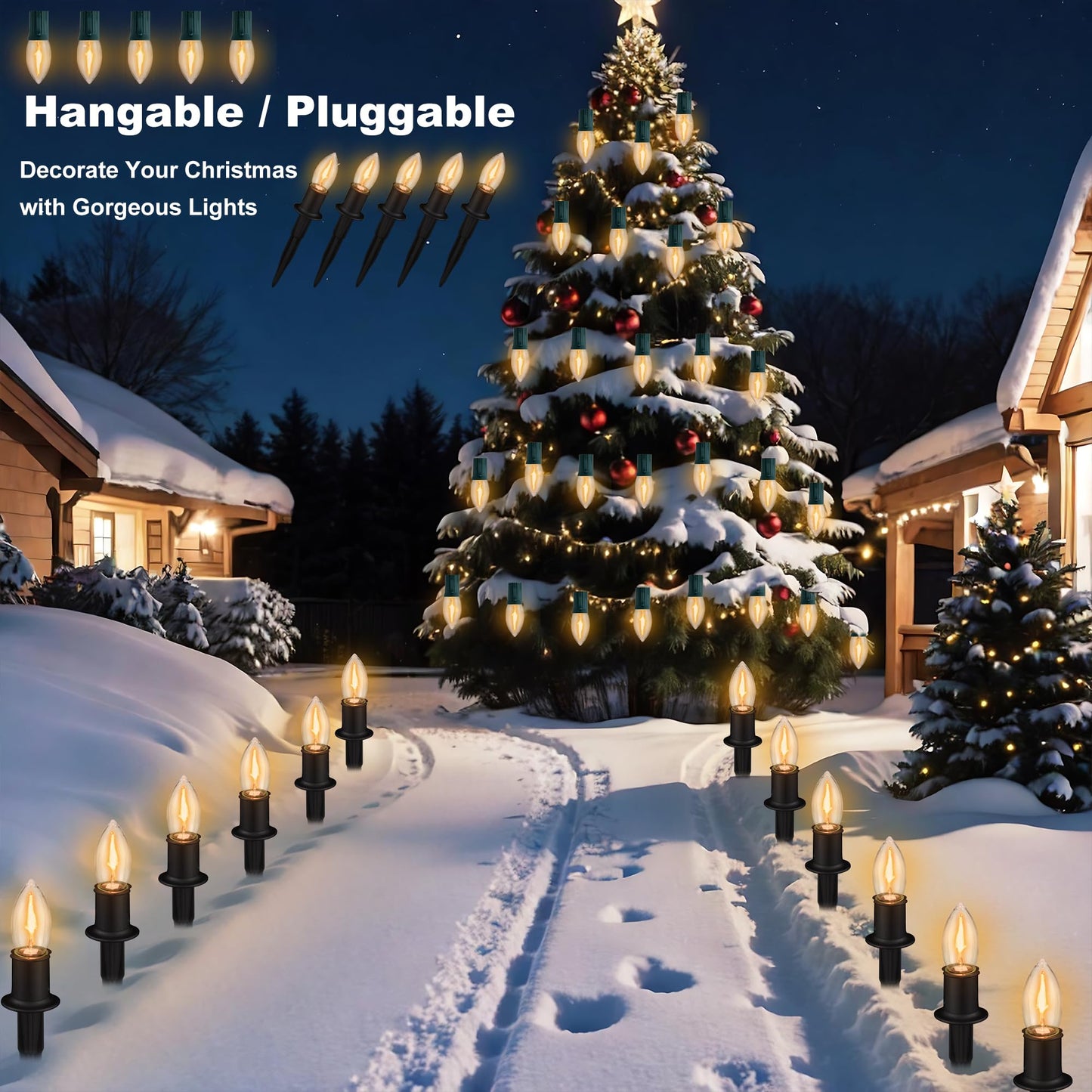 PerPaiMe C9 Christmas Pathway Lights Outdoor LED - 24.2 Feet String Lights with 20 Bulbs, Waterproof Christmas Path Lights with Stake for Yard, Garden, Lawn, Walkway, Driveway, Sidewalk, Warm White