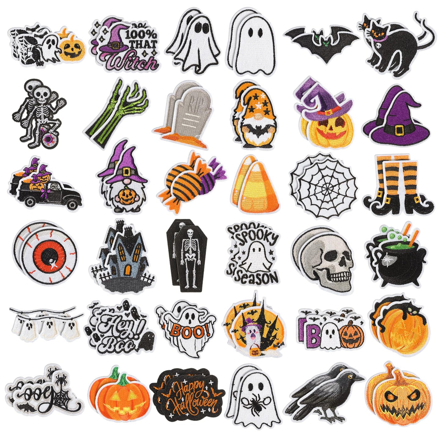 Janinka 72 Pcs Halloween Iron on Patches Boo Pumpkin Bat Ghost Sew on Embroidered Applique Rrepair Patch DIY Crafts Festive Gifts for Halloween Clothing Hat Bag Backpack DIY Crafts Decor