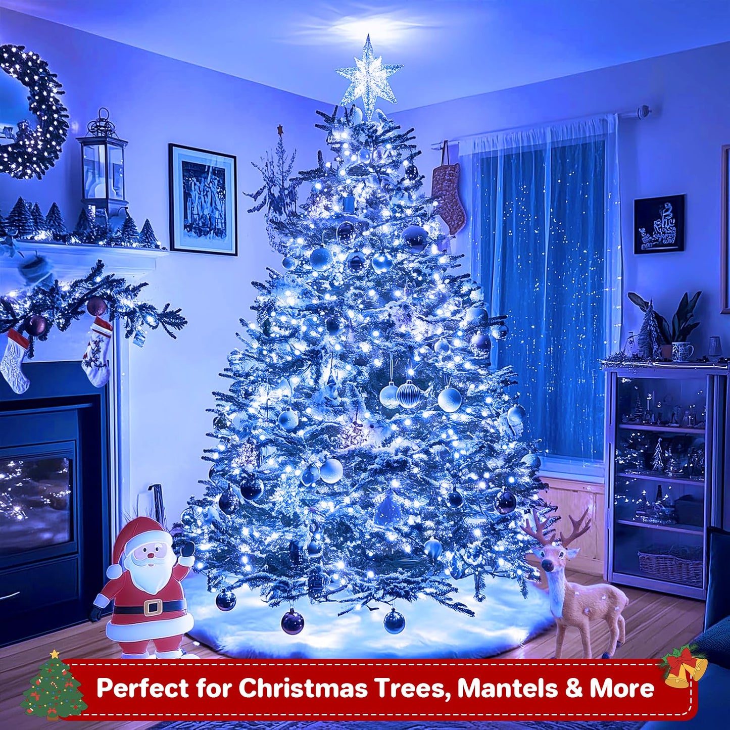 FairyGlim Christmas String Lights Plug in,33FT 100 LED String Lights with 8 Modes & Timer, Xmas Decorations for Trees Wreath, Outdoor Indoor Yard Garden Party Decor, Blue