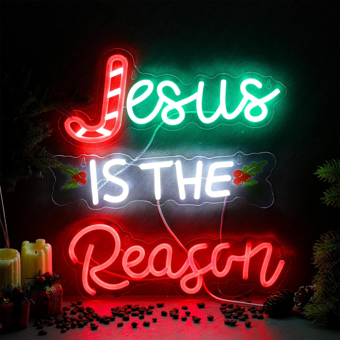 Huquary Jesus Is the Reason Neon Sign Christmas LED Sign Lighted Wall Art Decoration Neon Light USB Powered for Ceremony Party Bar Home Birthday Bible Church Decor Gift(Stylish)