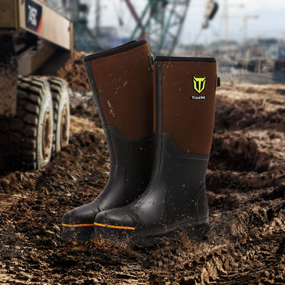 TIDEWE Rubber Work Boot for Men with Steel Toe & Shank, Waterproof Anti Slip Hunting Boot, 6mm Neoprene Hunting Boot for Manufacturing, Construction, Farming, Brown, Size 7