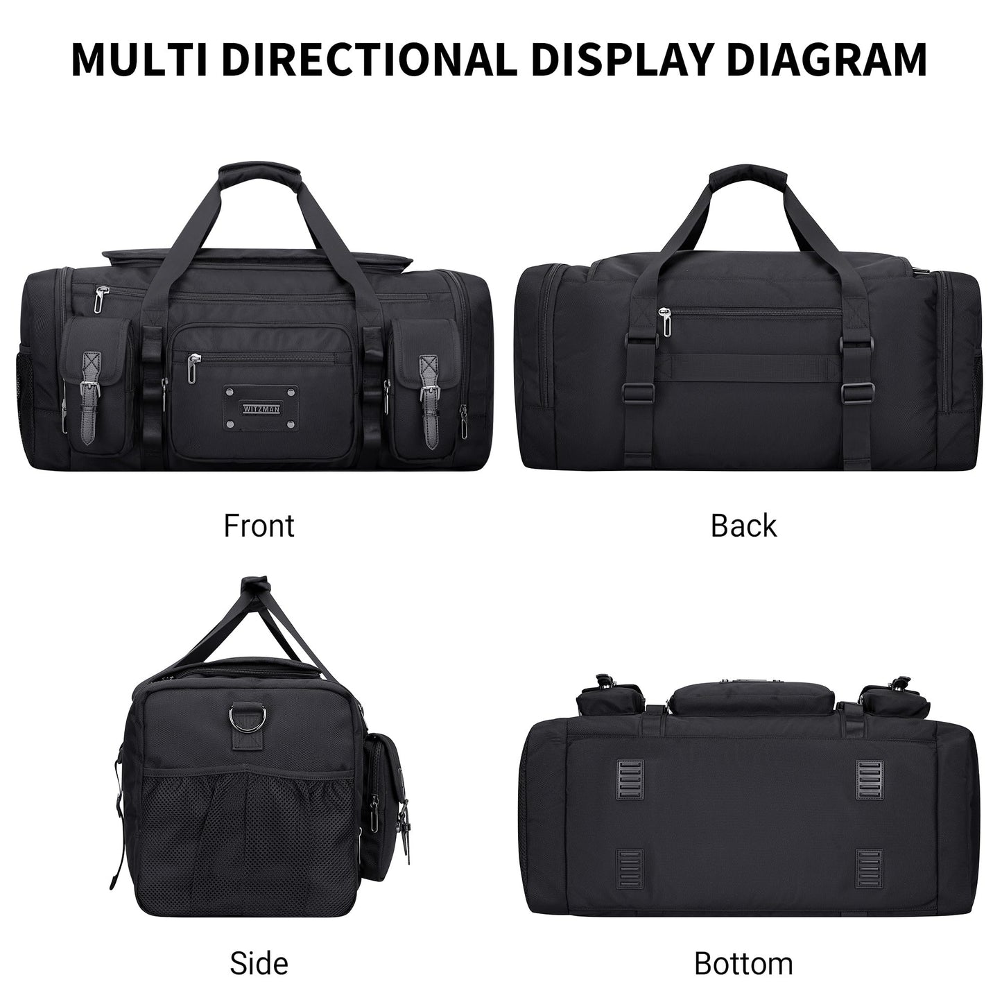WITZMAN Duffle Bag for Men Large Carry On Weekender Bag 54L Nylon Duffle Gym Bags for Travel with Shoes Compartment(B717 Black)