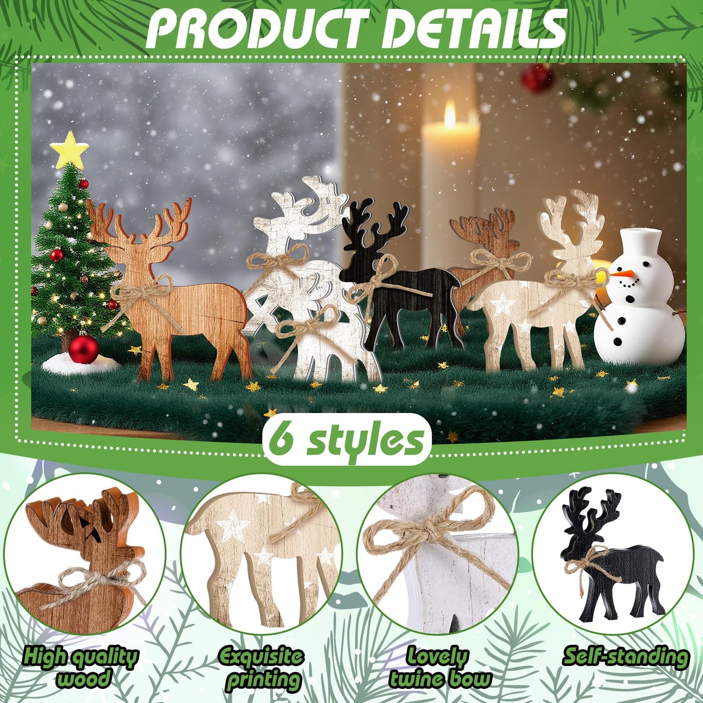 Yuntau 6 Pcs Christmas Table Decoration Wooden Farmhouse Table Centerpieces Rustic Christmas Tree House Reindeer Elk Angel Snowflake Wooden Sign Block Tiered Tray Decor for Xmas Gifts(Elk)
