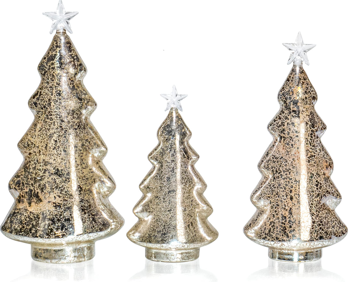 Red Co. 8.5”, 11”, 12.5” Light-Up Clear Glass Christmas Tree Tabletop Display Figurine Set of 3 Sizes, Mercury Gold