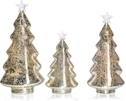 Red Co. 8.5”, 11”, 12.5” Light-Up Clear Glass Christmas Tree Tabletop Display Figurine Set of 3 Sizes, Mercury Gold