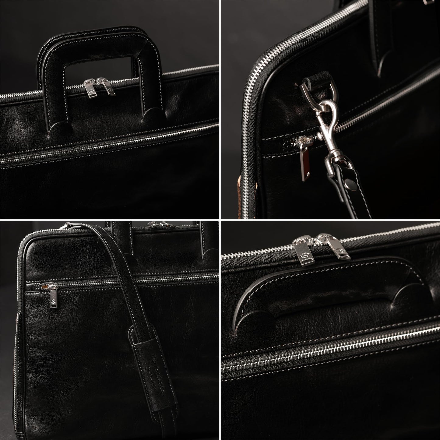 Time Resistance Slim Leather Briefcase - Italian Handmade Leather Laptop Bag for Men and Women (Black)