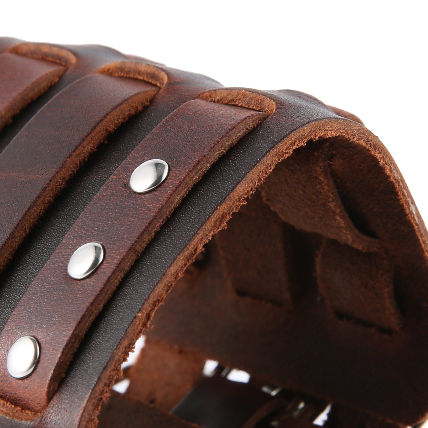 HZMAN Men's Alloy Ring Genuine Leather Bracelet Bangle Cuff Silver Tone Adjustable (Brown)