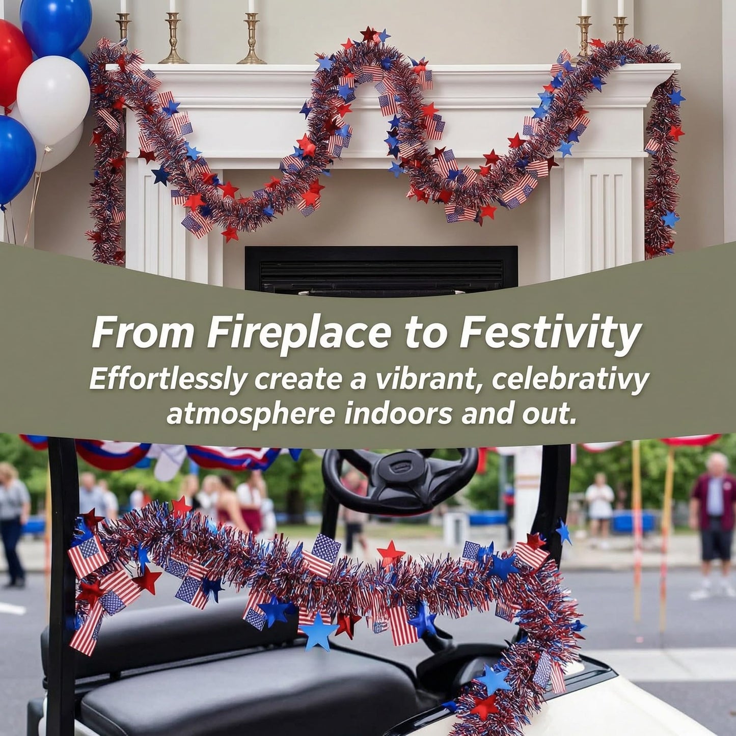 LKBBC 4th of July Tinsel Garland, 52.5 Ft Patriotic Red, White, and Blue Sparkly Glitter Star Flags Metallic Garlands Home Garden Tree Decorations for Independence &Memorial Day