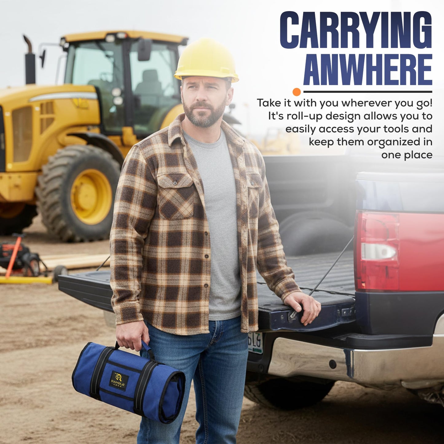 Ramble Gear Roll Up Tool Bag Organizer – Heavy Duty Canvas Tool Roll Bag, Tool Roll Up with 5 Oversized Labeled Pockets & Carabiners, Portable Roll Up Tool Organizer for Mechanic, Truck & Car (Blue)