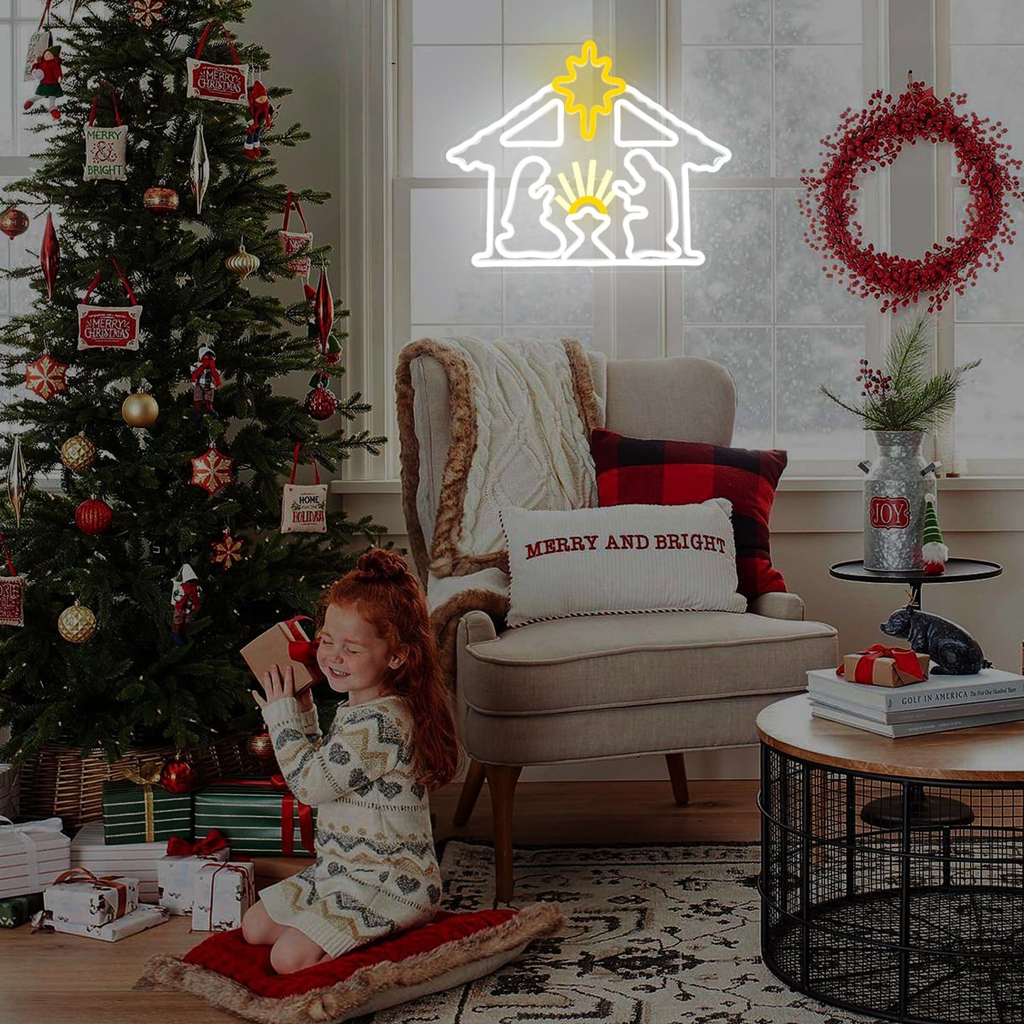 Vveikea Christmas Neon Sign Lighted Nativity Scene Led Sign Light Up Nativit Scene Indoor Jesus Lights Nativity Window Lights Led christmas Window Decorations