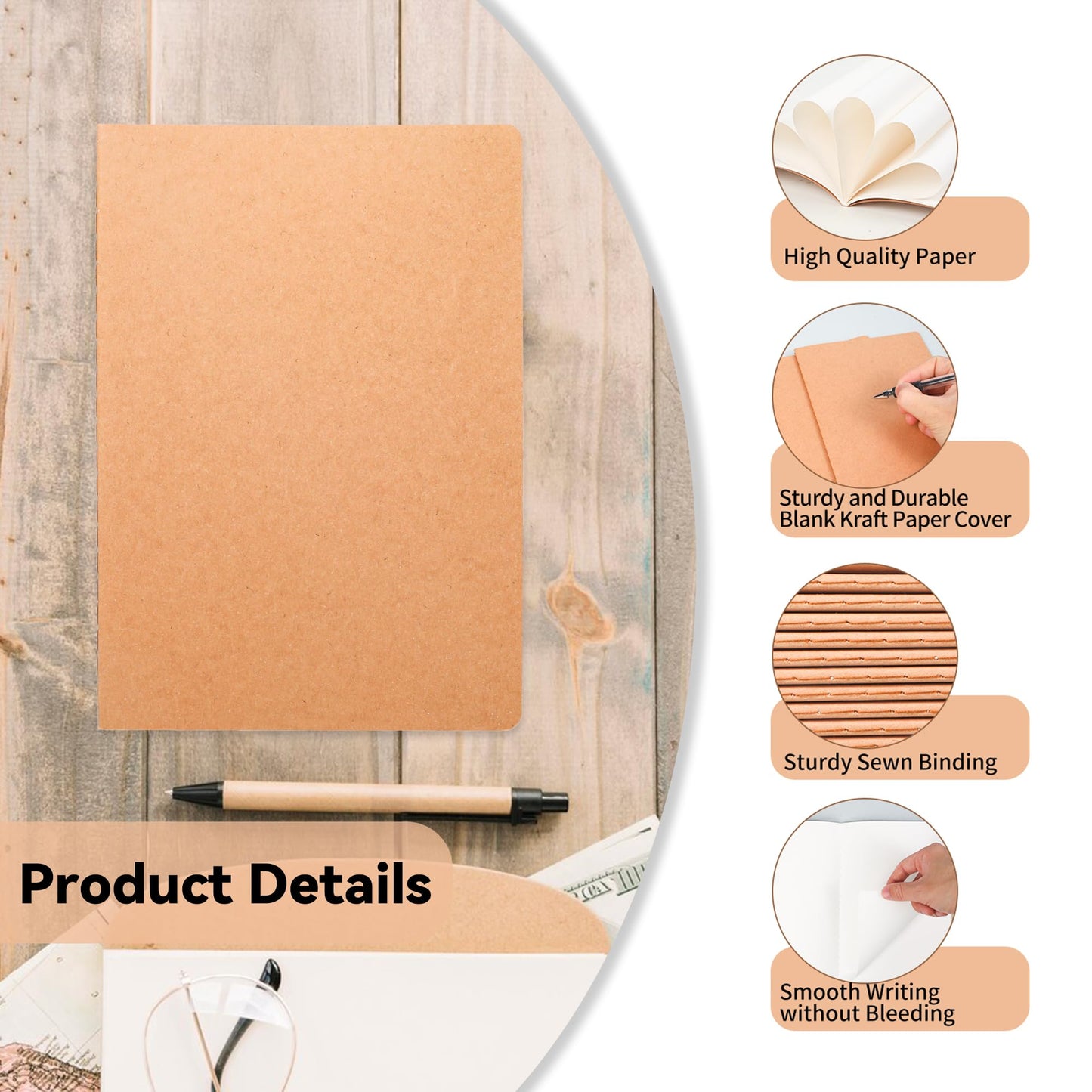 miikoul 24 Pack Blank Kraft Notebooks, 8.3"x5.5" A5 Small Journal Bulk Blank Notebooks 80 Gsm Unlined with 60 Pages A5 Subject Notebooks Traveler Journal Set for Adult Students Office School Supplies