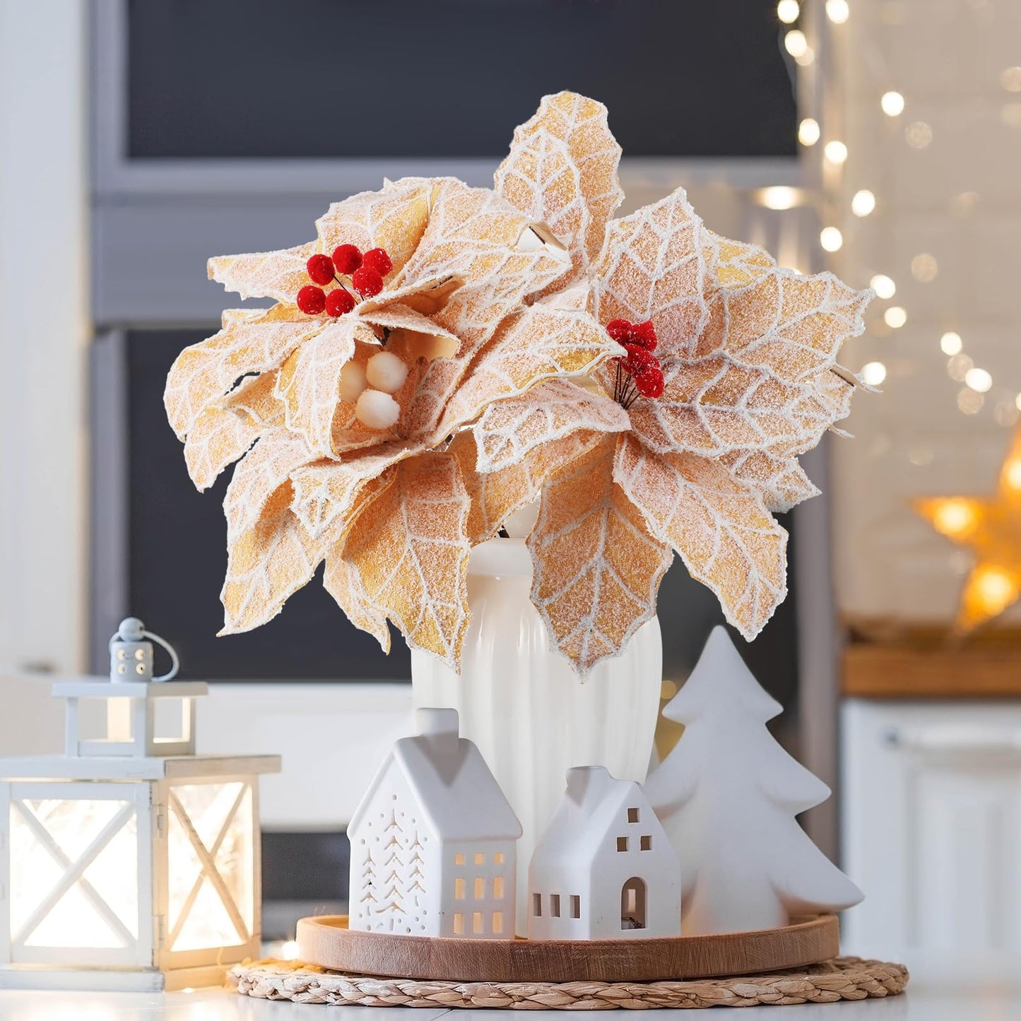 Daifunli 6 Pcs Large Christmas Gingerbread Poinsettia Flowers Tree Picks with Berries 10.6 Inches Christmas Tree Ornaments for Xmas Home Vase Decor(Gold)