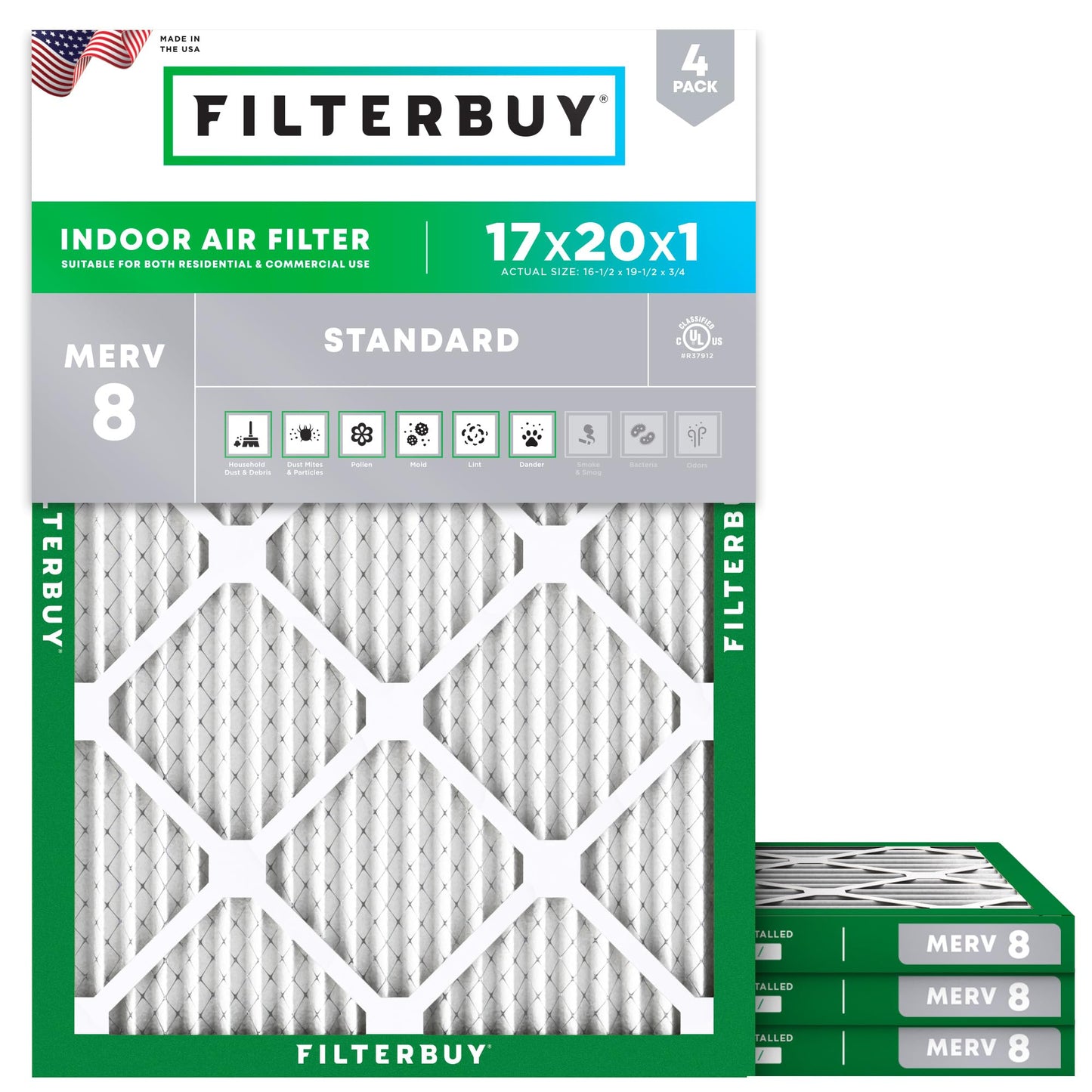 Filterbuy 17x20x1 Air Filter MERV 8 Essential Dust & Allergy Defense (4-Pack), Electrostatic Pleated HVAC AC Furnace Filters Replacement, Made in USA (Actual Size: 16.50 x 19.50 x 0.75)