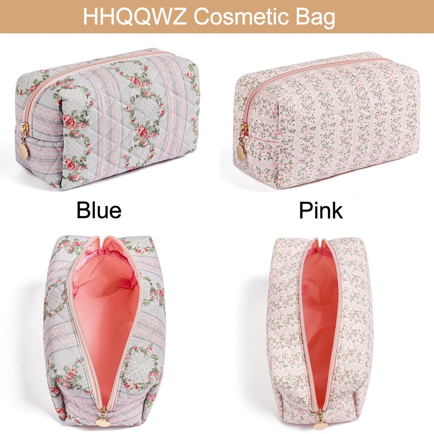 HHQQWZ Makeup Bag Travel Cosmetic Bag for Women Girls, Zipper Make Up Pouch, Floral Flowers Toiletry Organizer Makeup, Portable Storage Cosmetic Travel Cloth Bag (Pink)