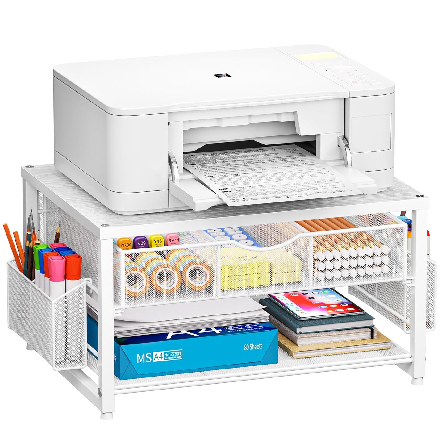 Marbrasse Wood Printer Stand for Desk, 2-Tier Desktop Printer Table for Home Office, Printer Stand with Storage Drawer 2 Pen Holders, Multi-Purpose Desk Organizer for Fax Machine Scanner(Wood White)