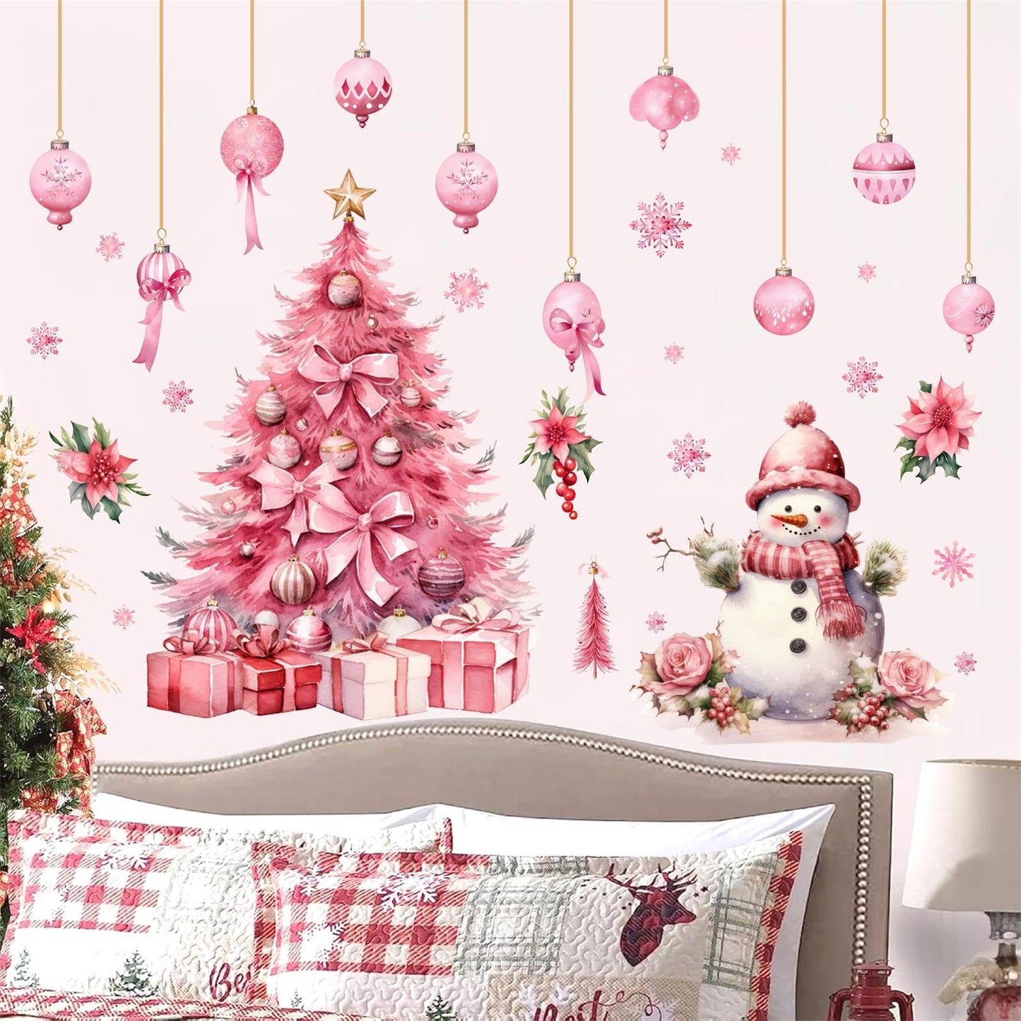 Large Pink Christmas Tree Wall Stickers Christmas Wall Decals Peel and Stick Snowman Stickers for Christmas Home Decor Indoor Hanging Ball Snowflake Art Murals for Living Room Xmas Party Supplies