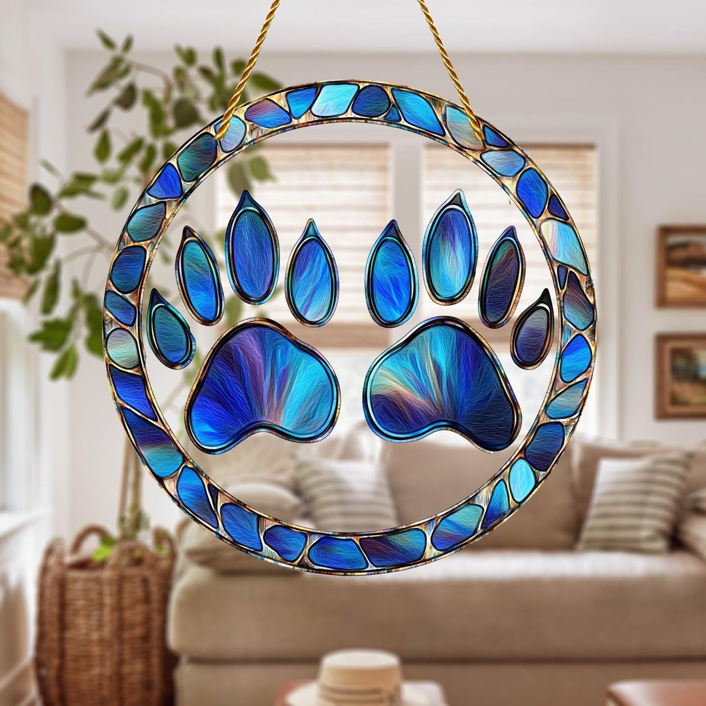 8x8 inch Charming Dog Paw Print Acrylic Stained Glass Window Hanging Sun Catcher Decor Stained Panel Hangings Wall Art Decor, for Friends and Family (Paw Print)