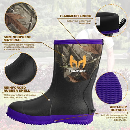 Hunthor Rubber Boots for Women, 5mm Neoprene Insulated Waterproof Rain Boots with Steel Shank, Mid Calf Hunting Shoes for Faming Gardening Mud Work (Purple, Size 8)