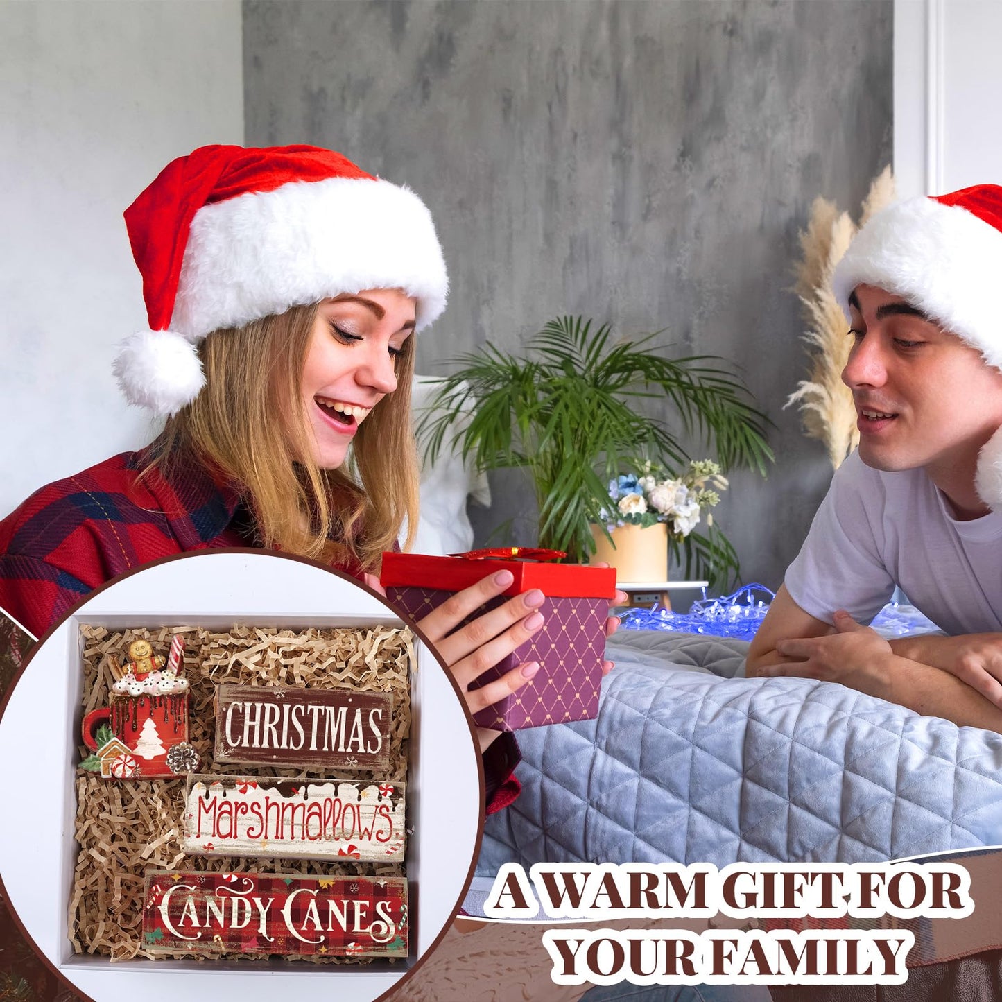Moucuny 4 Pcs Christmas Hot Cocoa Table Decor Christmas Wooden Decorative Signage Hot Cocoa Tiered Tray Decor Xmas Centerpieces Farmhouse Wooden Block Set Xmas Table Sign for Home