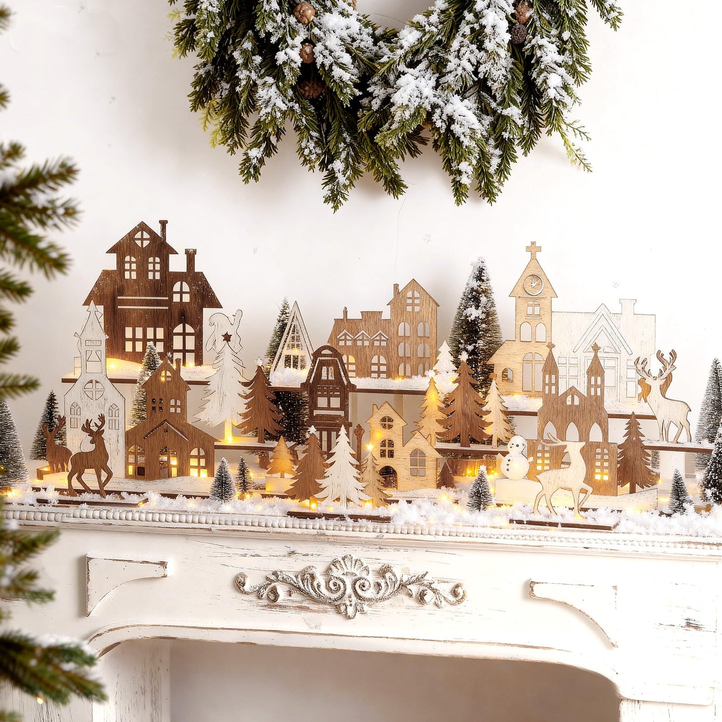 AceOrbit 12 Pcs Christmas Rustic Table Decor Xmas Trees and Elk Farmhouse Tiered Tray Decor Wooden Tabletop Centerpieces Sign Gifts for Fireplace Home Office Christmas Birthday Party Supplies