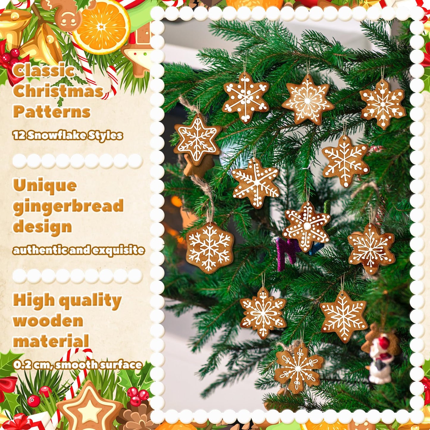 Quzzil 36 Pcs Christmas Gingerbread Ornaments for Tree Mini Snowflake Wooden Hanging Winter Xmas Ornaments with Ropes for Christmas Party Holiday Winter Crafts
