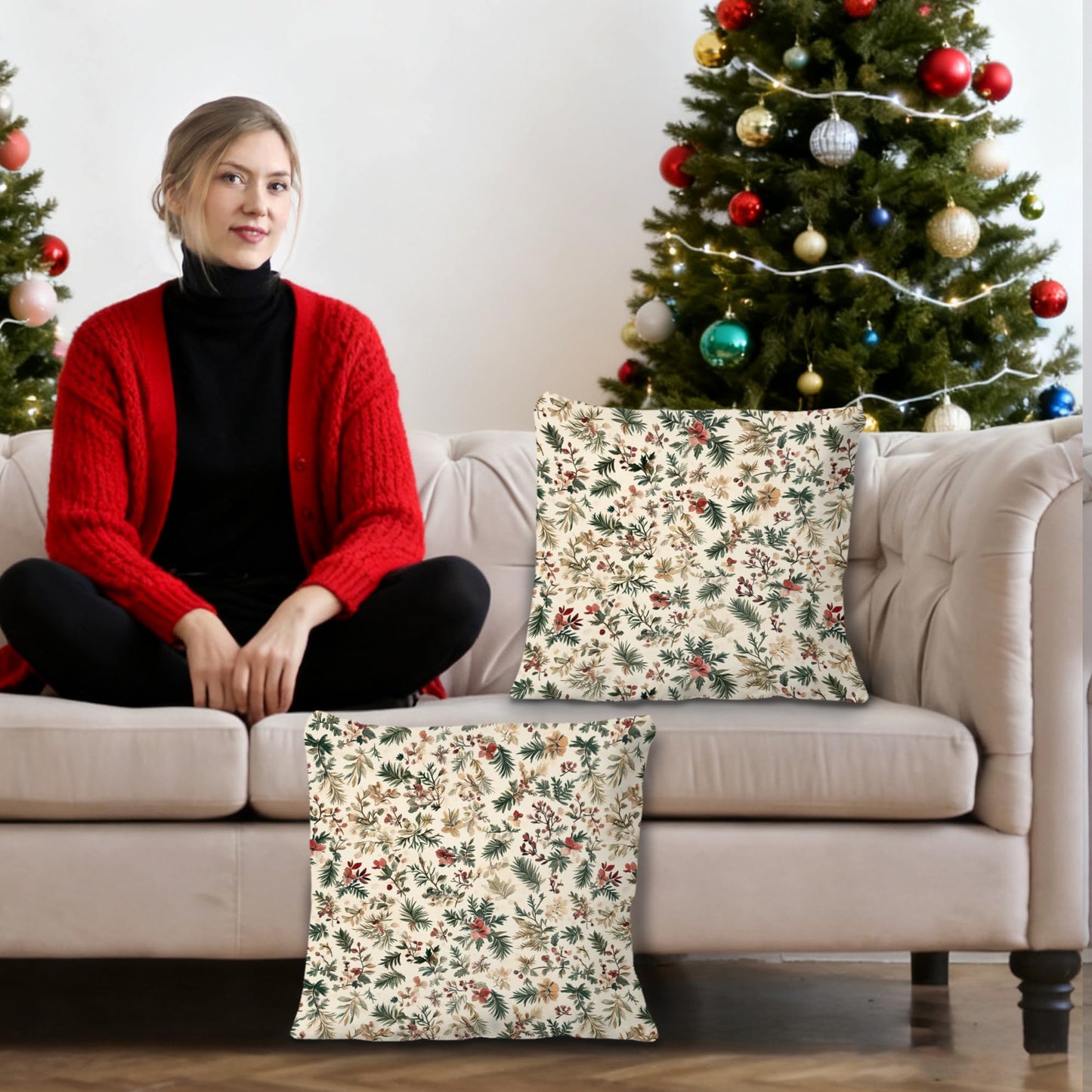 Exqcom Rustic Christmas Floral Pillow Covers 18x18 Set of 2, Farmhouse Christmas Decor, Boho Holly Leaves Pine Xmas Botanical Throw Pillow Covers for Home Living Room Bedroom