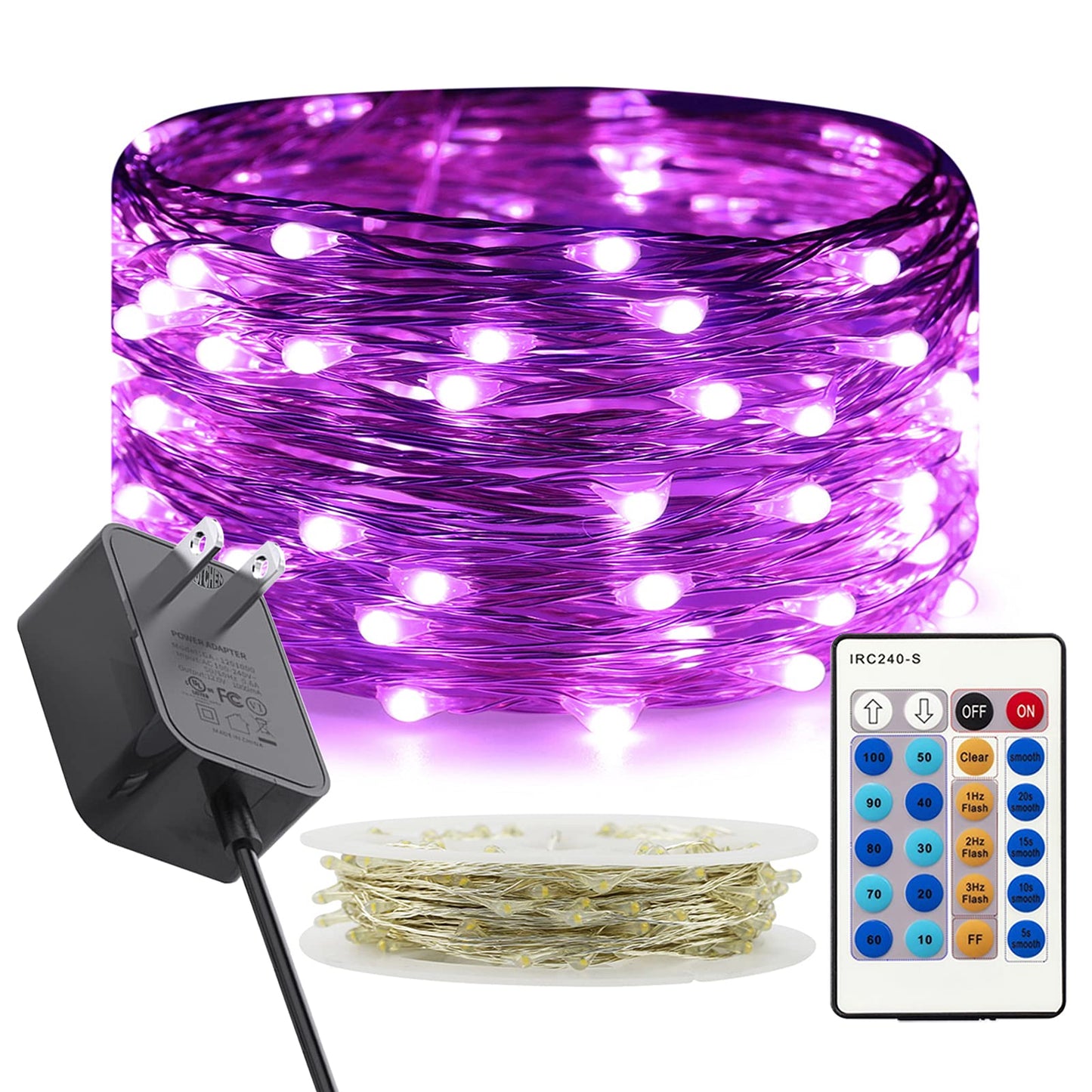 RUICHEN Dimmable Purple Fairy Lights Plug in, 33 Ft 100 LED Twinkle String Lights with Remote, Waterproof Silver Wire Lights for Christmas Halloween Party Bedroom Patio Garden