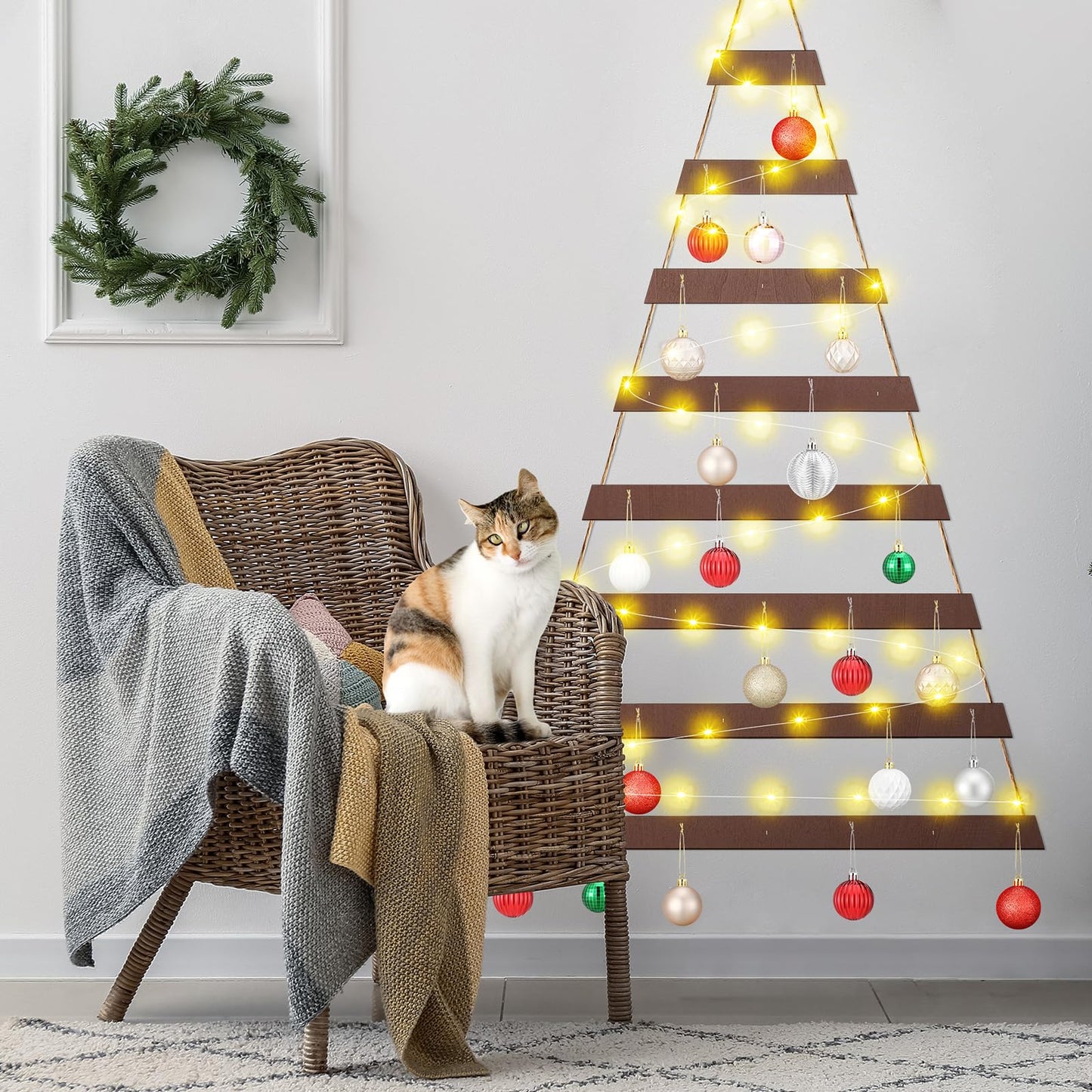 Vercraft Cat Proof Wall Christmas Tree with Light Hanging Mounted Wood Christmas Trees Wall Hanging Xmas Decor with Hooks Wooden Flat for Xmas Holiday Decoration Cat Home Indoor Office Party Supply