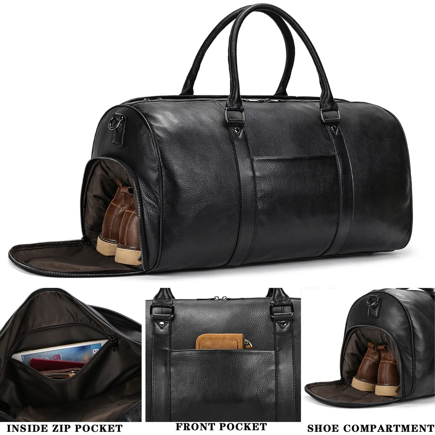 Genuine Leather Travel Duffel Bags for Men and Women Overnight Weekend Leather Bags Sports Gym Duffle, 9428 Black