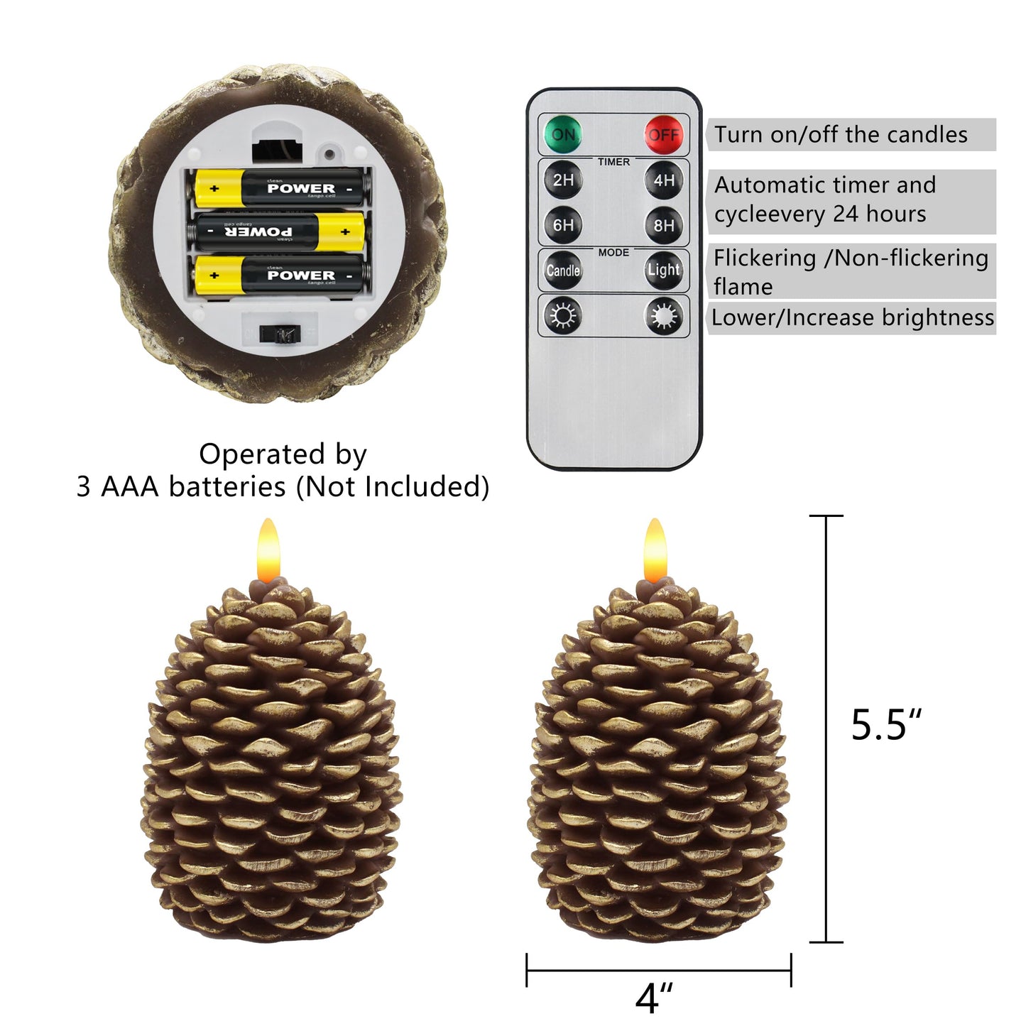 CVHOMEDECO. Pine Cone Candles Battery Operated Pinecones with Remote and Timer, Pine Cones Candle LED Flameless Flickering Candles for Fall, Christmas Decor. Golden-Brown, H 5.5 Inch, Pack of 2