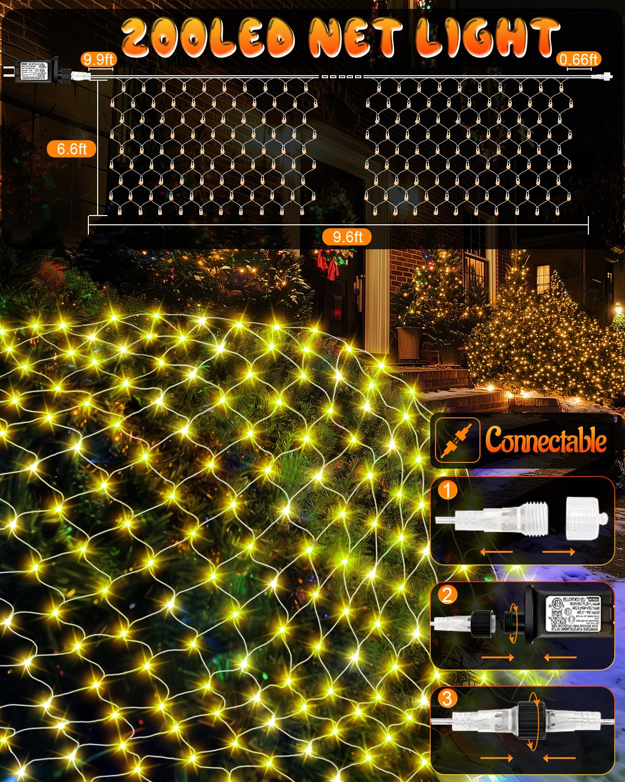 Halloween Net Lights 9.8ft x 6.6ft, 200 LED Outdoor Mesh Lights with 8 Modes, Waterproof Bush String Lights for Home Garden Yard Xmas Decorations Connecable, Timer (Warm White)