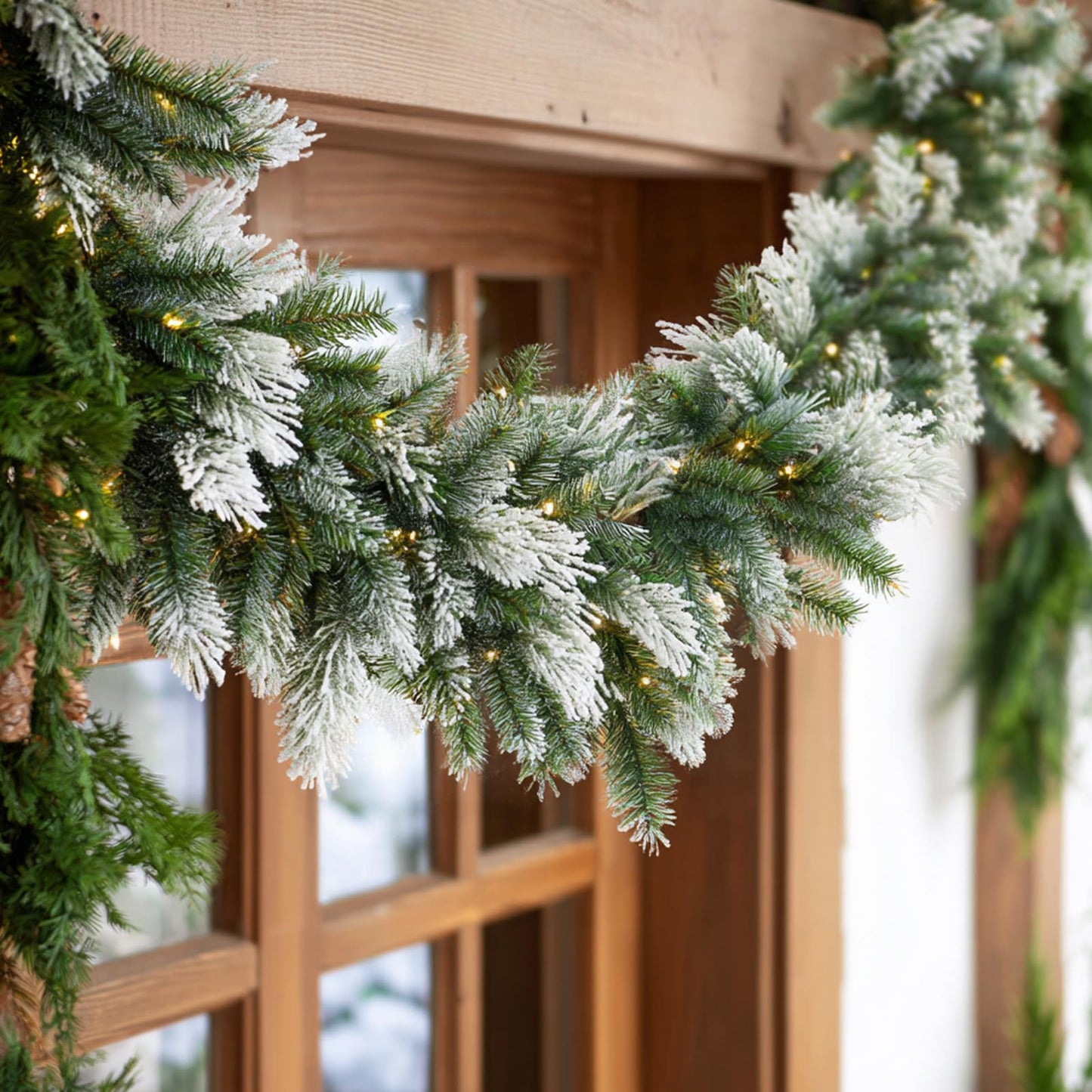 9FT Christmas Garlands Norfolk Pine Garland, Real Touch Artificial Winter Pine Garlands with Snowflake, Green Artificial Greenery Garland for Table, Wall, Mantle, Indoor, Outdoor Christmas Decorations