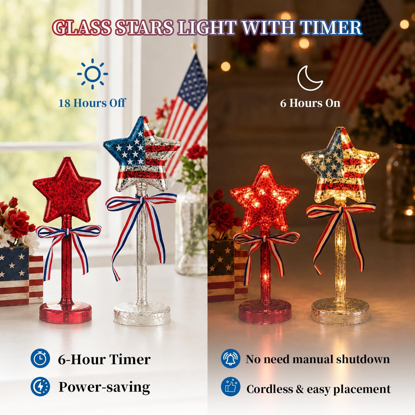 Glasseam 4th of July Decorations Centerpiece: 3PCS Memorial Day Decorations for Table Red White and Blue Lights with Timer Mercury Glass Patriotic American Flag Stars Lights for Home Party Ornaments