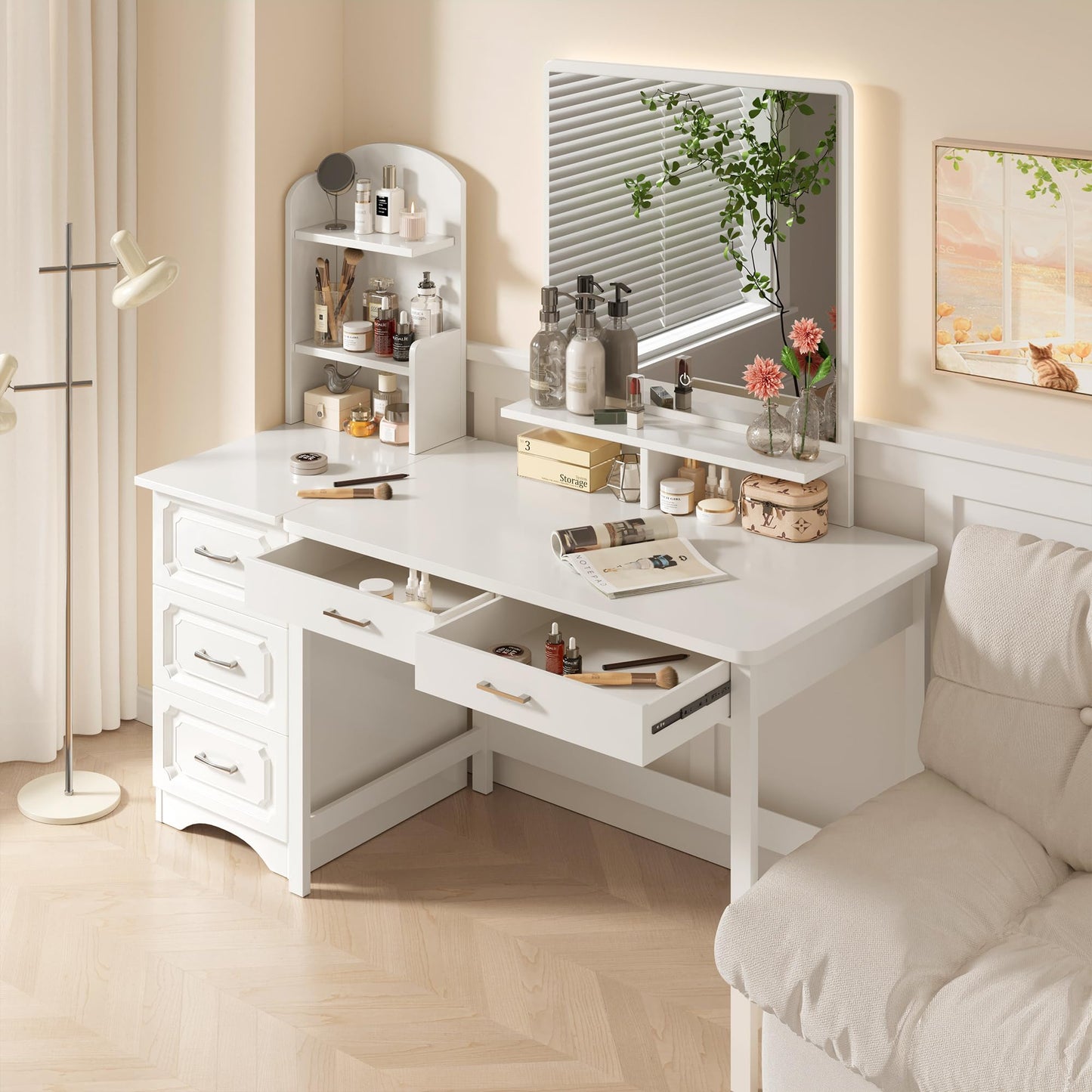 4NM 39.4" Computer Desk with Drawer, Morden White Home Office Desk, Study Writing Table with Storage for Small Spaces,Vanity Desk Makeup Table for Bedroom - White