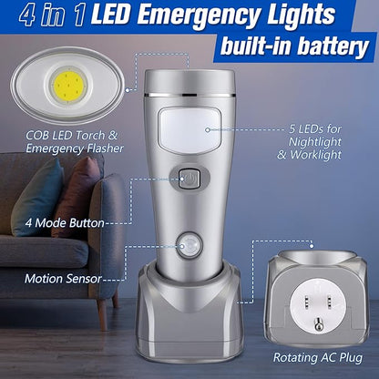 Enhon 2 Pack Rechargeable 4-in-1 LED Emergency Lights, Plug-in Flashlights with Motion Sensor Night Light, Auto-On Power Failure Light for Home, Hurricane, and Outage Supplies