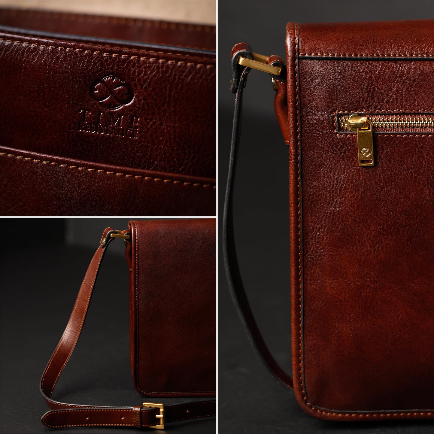 Time Resistance Italian Leather Messenger Bag for Men - Full Grain Crossbody, Tablet-Sized Shoulder Bag (Brown)