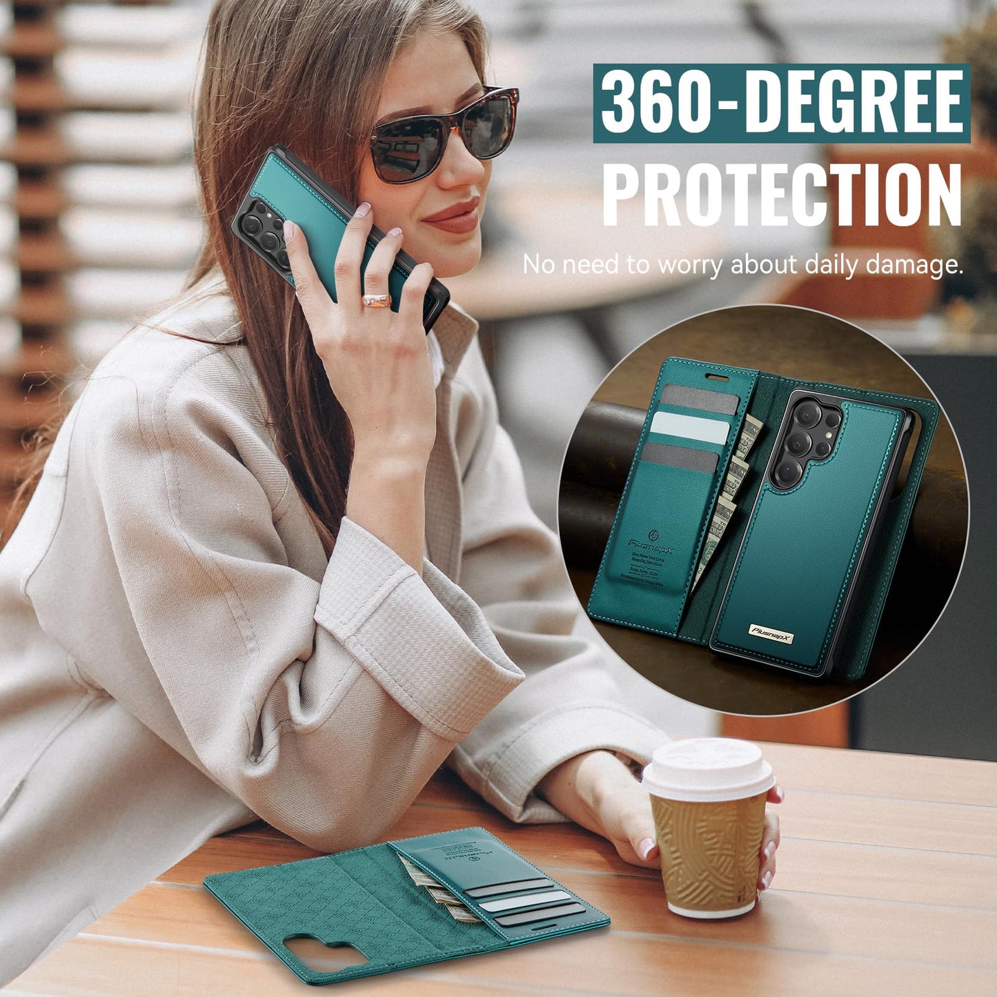 PlusnapX Wallet Case for Samsung Galaxy S24 Ultra Compatible with Magsafe, 2-in-1 PU Leather Flip RFID Blocking Card Holder Stand Shockproof Magnetic Detachable Cover for Galaxy S24 Ultra, Bluegreen