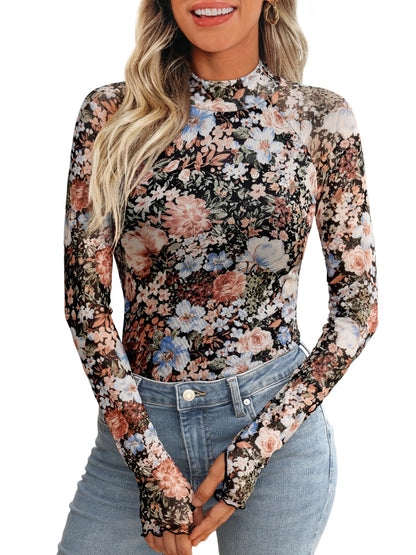 Dealmore Lace Sheer Long Sleeve Floral Mesh Mockneck Trendy Cute Going Out Tops for Women Fall Fashion Outfits 2025 Clothes