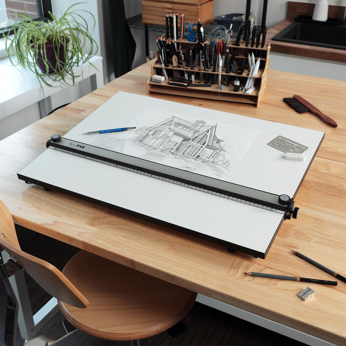 Acurit PXB 23” x 31” Drawing Board for Artists and Designers - Portable Workspace for Drawing, Sketching, Drafting, Painting - Fixed Angled Laminated Surface with Ruler and Parallel Motion Bar