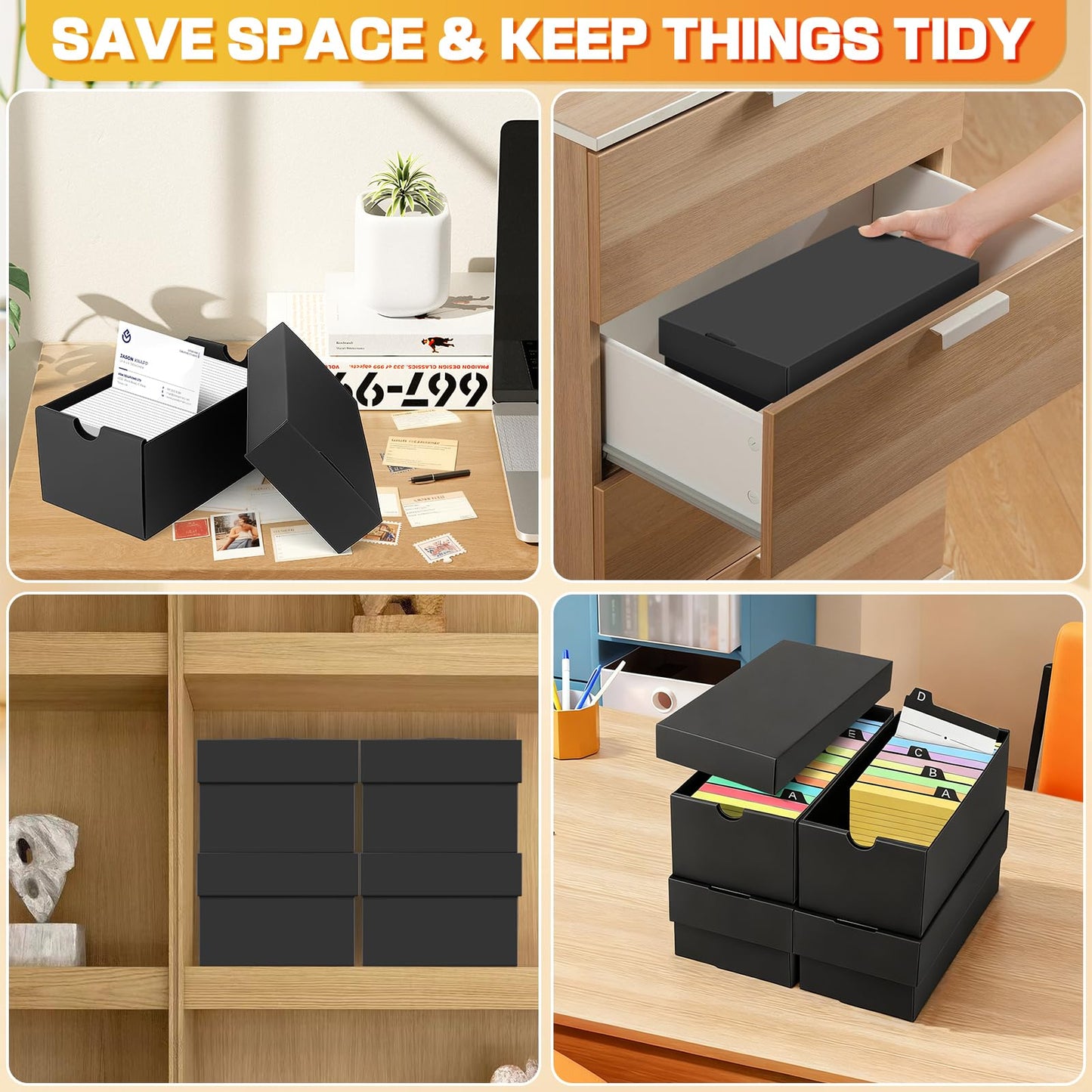4Pack 3x5 Index Card Holder, Index Card Box Hold 4000 Cards, Flash Card Holder Index Cards Case 3x5 Note Card Organizer File Box Black Index Card Storage Box for 3''x5'' Notecard Flashcard Recipe Card