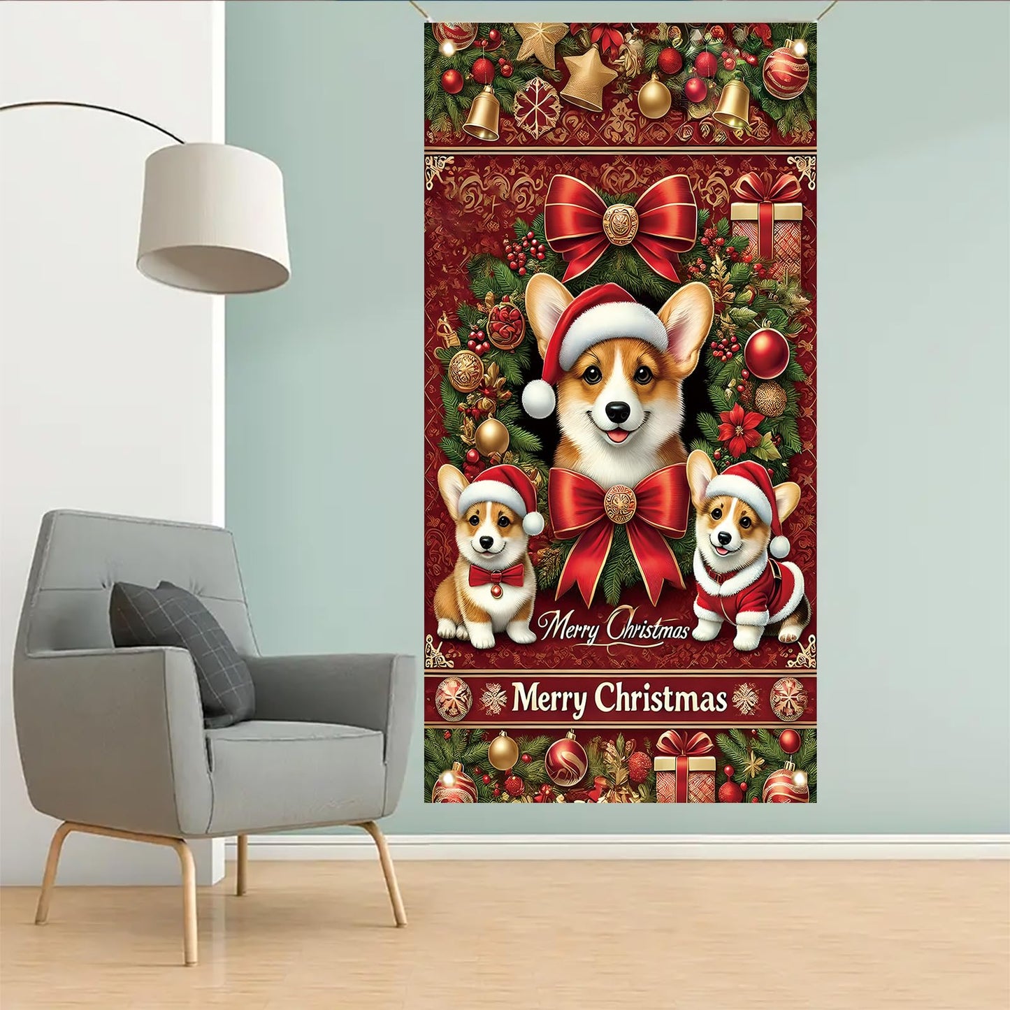 Saoplasa Christmas Corgi Door Cover Decoration 71 x 35 Inch Red Festive Banner with Cute Santa Dog Design and Holiday Wreath for Merry Christmas Wall Decor Party Welcome Backdrop Sign